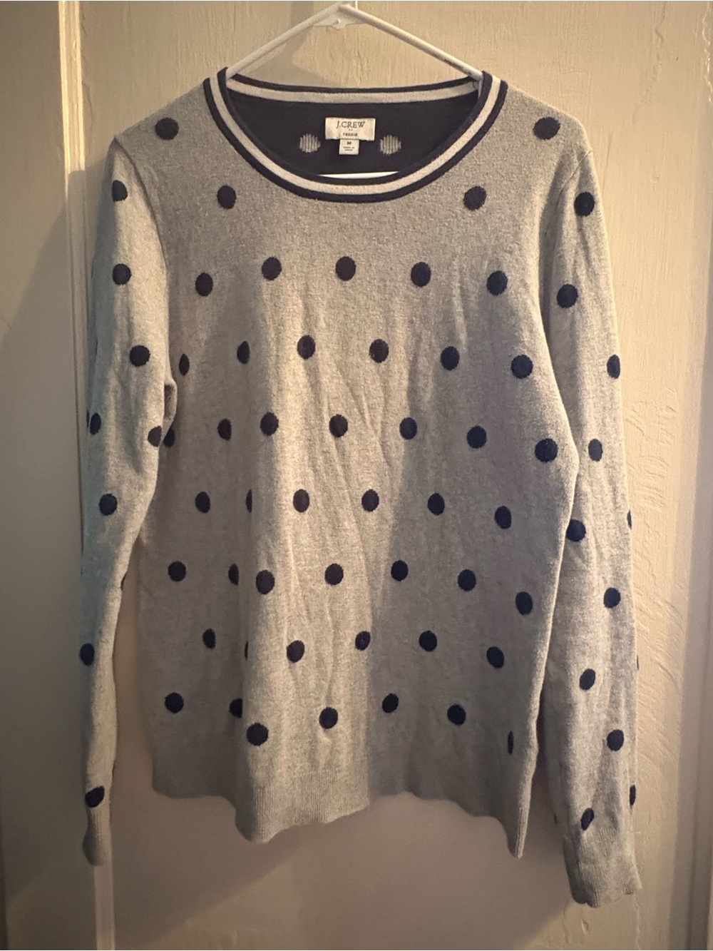 J. Crew: Women’s Light Gray Crewneck Sweater with Navy Polka Dots